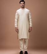 Beige pleated cotton silk kurta set