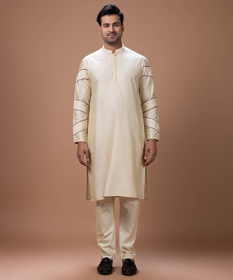 Beige pleated cotton silk kurta set