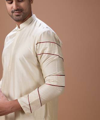 Beige pleated cotton silk kurta set 2
