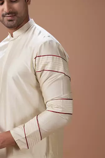Beige pleated cotton silk kurta set