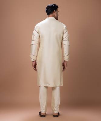 Beige pleated cotton silk kurta set 3