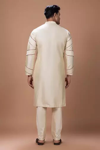Beige pleated cotton silk kurta set