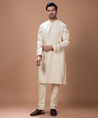 Beige pleated cotton silk kurta set 4