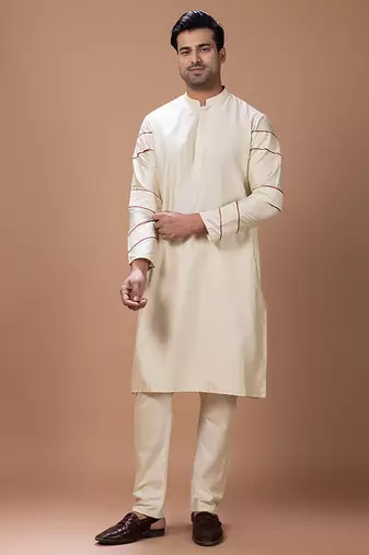 Beige pleated cotton silk kurta set