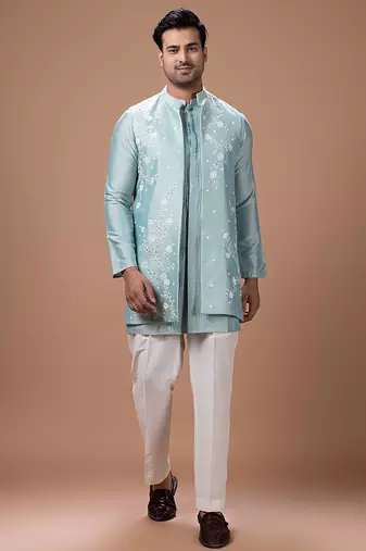 Aqua blue embroidered cotton silk kurta bundi set