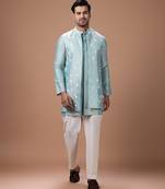 Aqua blue embroidered cotton silk kurta bundi set