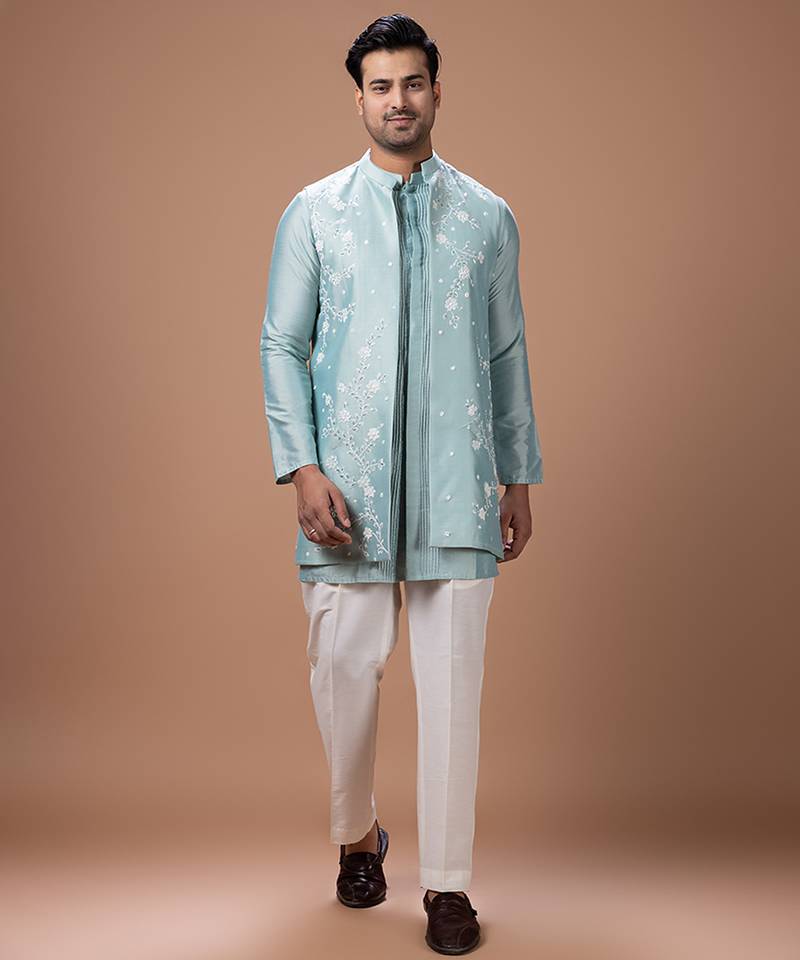Aqua blue embroidered cotton silk kurta bundi set