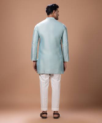 Aqua blue embroidered cotton silk kurta bundi set 2