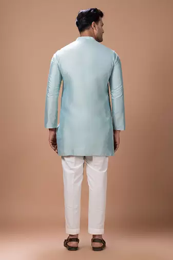 Aqua blue embroidered cotton silk kurta bundi set