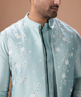 Aqua blue embroidered cotton silk kurta bundi set 3