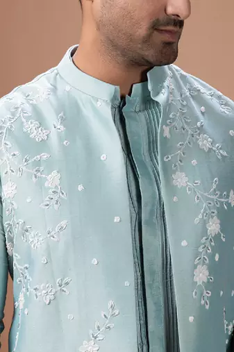 Aqua blue embroidered cotton silk kurta bundi set