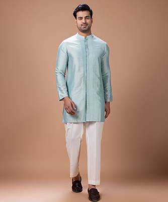 Aqua blue embroidered cotton silk kurta bundi set 4
