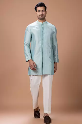 Aqua blue embroidered cotton silk kurta bundi set