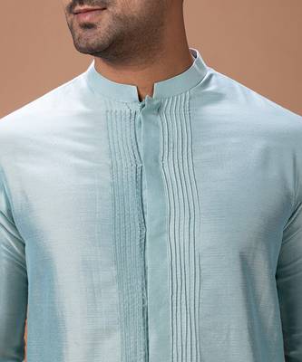 Aqua blue embroidered cotton silk kurta bundi set 5