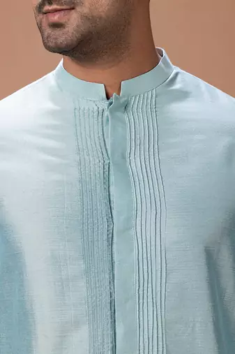 Aqua blue embroidered cotton silk kurta bundi set