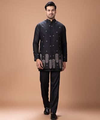 Black embroidered cotton silk kurta bundi set 1