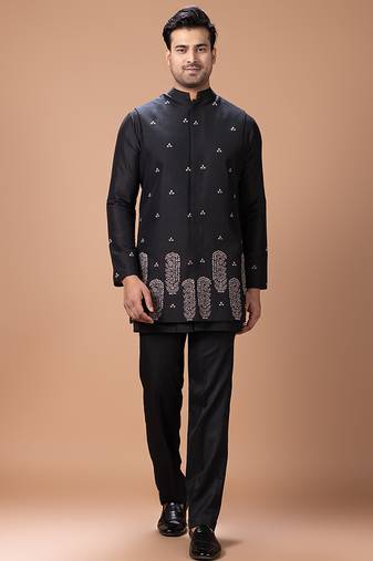 Black embroidered cotton silk kurta bundi set