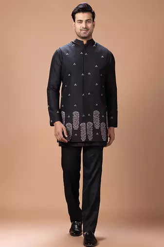 Black embroidered cotton silk kurta bundi set