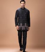 Black embroidered cotton silk kurta bundi set