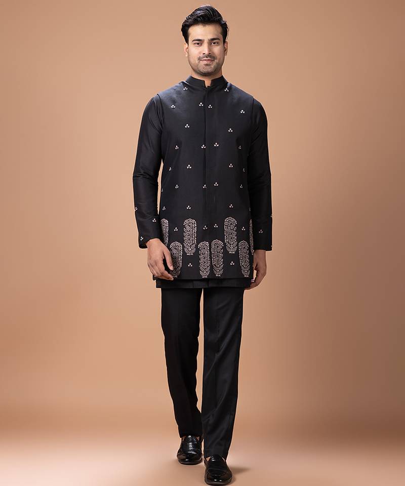 Black embroidered cotton silk kurta bundi set