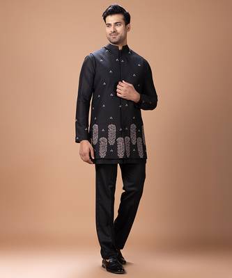 Black embroidered cotton silk kurta bundi set 2