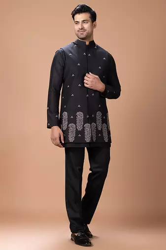 Black embroidered cotton silk kurta bundi set