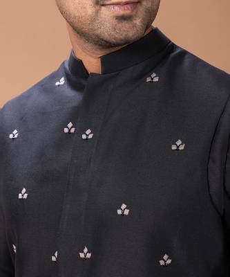Black embroidered cotton silk kurta bundi set 3