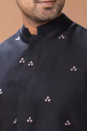 Black embroidered cotton silk kurta bundi set