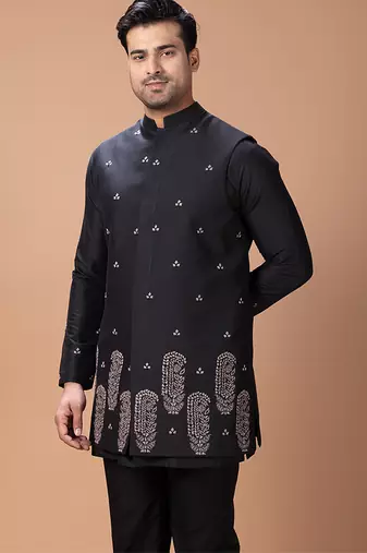 Black embroidered cotton silk kurta bundi set