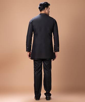 Black embroidered cotton silk kurta bundi set 5