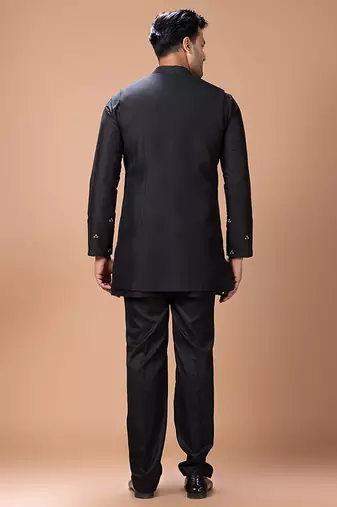 Black embroidered cotton silk kurta bundi set