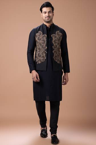 Black embroidered cotton silk indo western kurta bundi set