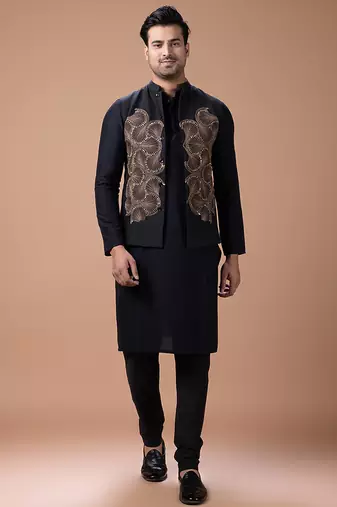 Black embroidered cotton silk indo western kurta bundi set