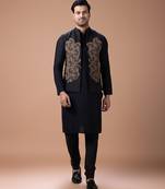 Black embroidered cotton silk indo western kurta bundi set