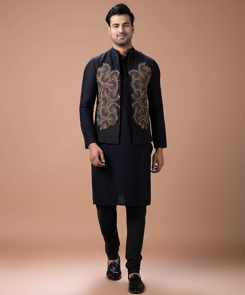 Black embroidered cotton silk indo western kurta bundi set