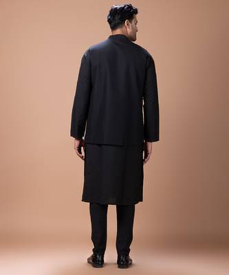 Black embroidered cotton silk indo western kurta bundi set 2