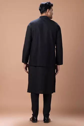 Black embroidered cotton silk indo western kurta bundi set