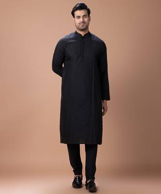 Black embroidered cotton silk indo western kurta bundi set 3