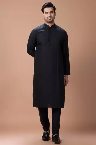 Black embroidered cotton silk indo western kurta bundi set