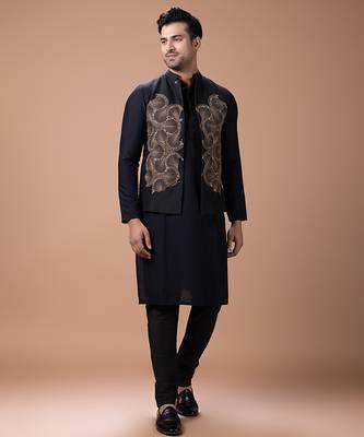 Black embroidered cotton silk indo western kurta bundi set 4
