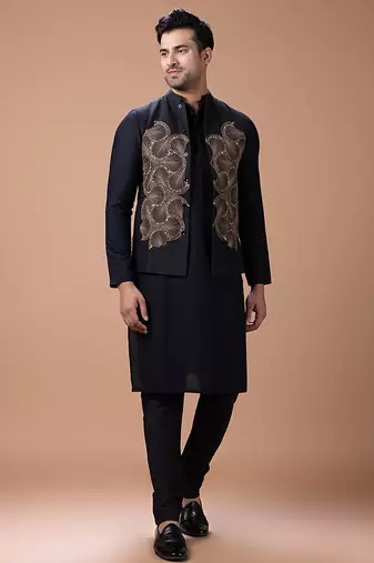Black embroidered cotton silk indo western kurta bundi set