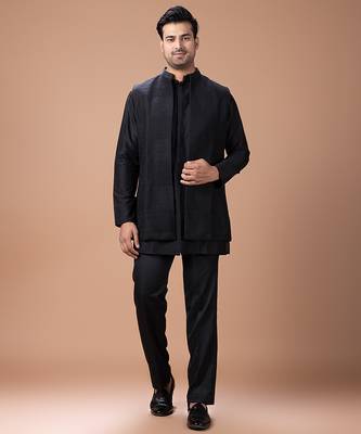 Black cotton silk indo western kurta bundi set 1
