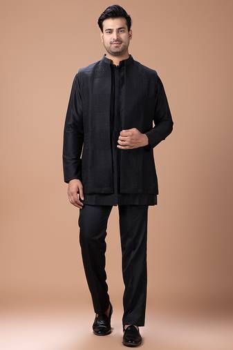 Black cotton silk indo western kurta bundi set