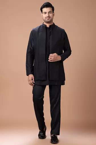 Black cotton silk indo western kurta bundi set
