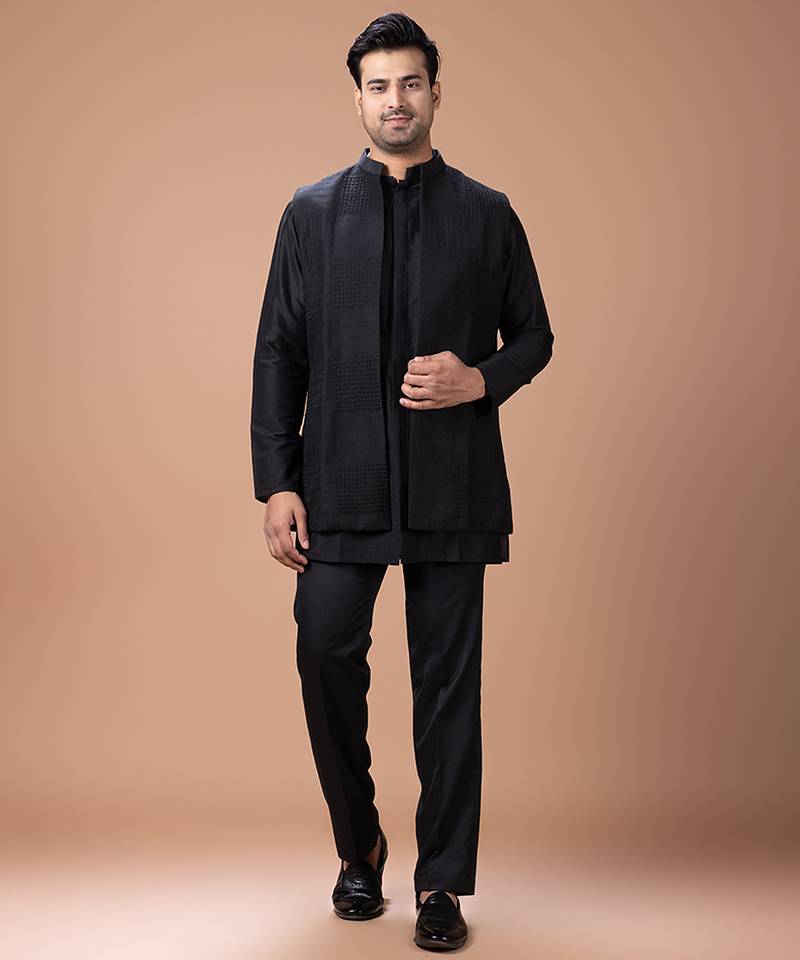 Black cotton silk indo western kurta bundi set