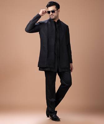 Black cotton silk indo western kurta bundi set 2