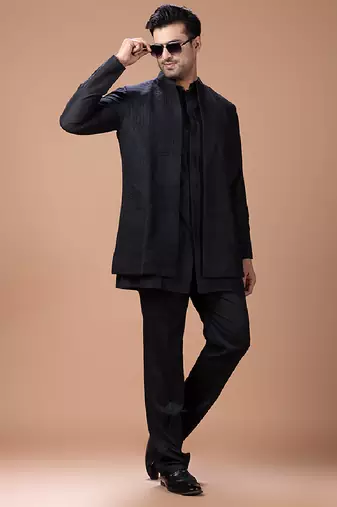 Black cotton silk indo western kurta bundi set