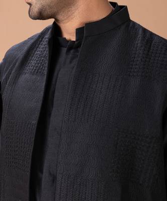 Black cotton silk indo western kurta bundi set 3