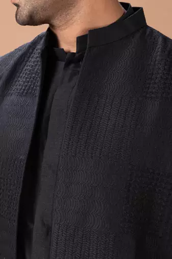 Black cotton silk indo western kurta bundi set