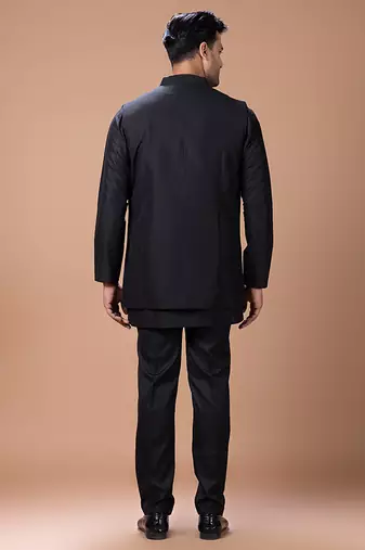 Black cotton silk indo western kurta bundi set